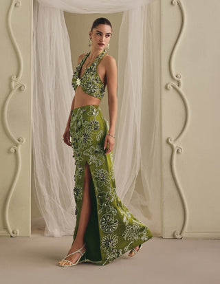 Olive green halter bodysuit and slit skirt