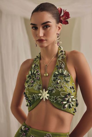 Olive green halter bodysuit and slit skirt