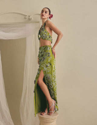 Olive green halter bodysuit and slit skirt