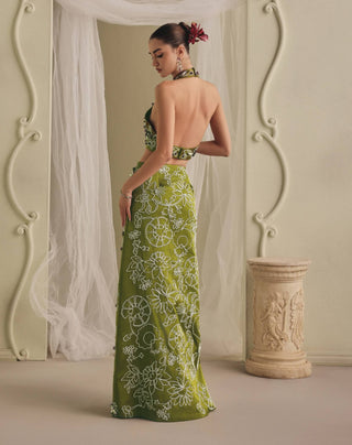 Olive green halter bodysuit and slit skirt