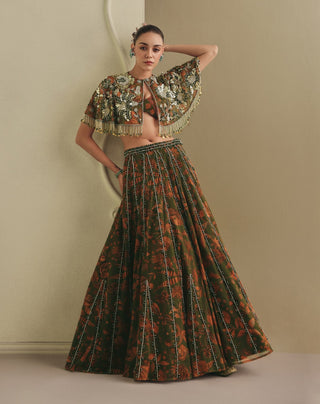Earthy floral printed lehenga and cape set