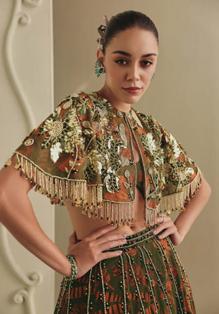 Earthy floral printed lehenga and cape set