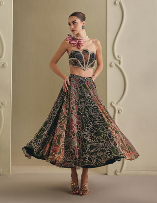 Sculpted corset and flared skirt