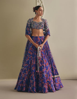 Vibrant blue and purple printed lehenga set