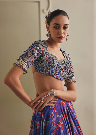 Vibrant blue and purple printed lehenga set