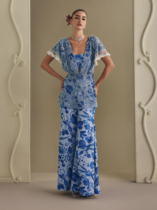 Blue printed bustier and bell-bottom pant set