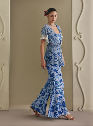 Blue printed bustier and bell-bottom pant set