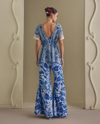 Blue printed bustier and bell-bottom pant set