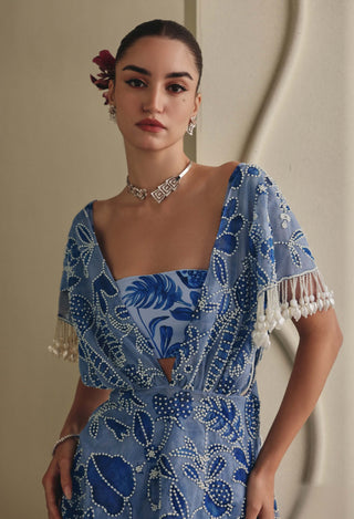 Blue printed bustier and bell-bottom pant set