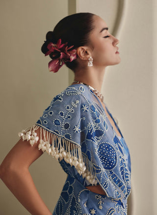 Blue printed bustier and bell-bottom pant set