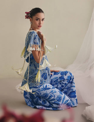 Blue printed bustier and bell-bottom pant set