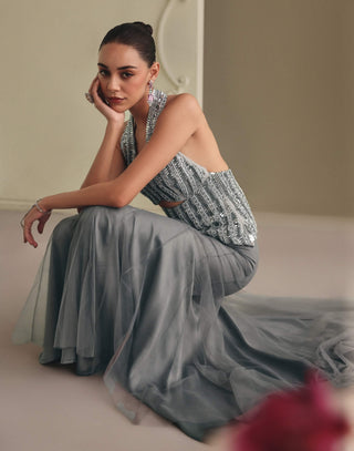 Sleek grey mermaid skirt and blouse