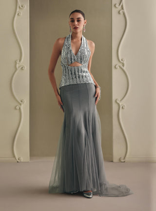 Sleek grey mermaid skirt and blouse