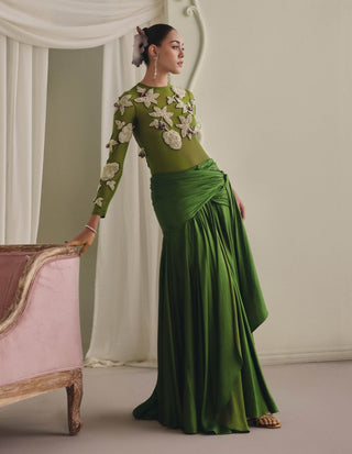 Sheer olive bodysuit and draped skirt