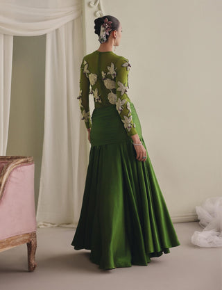 Sheer olive bodysuit and draped skirt