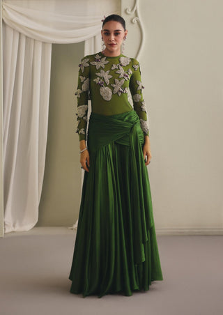 Sheer olive bodysuit and draped skirt