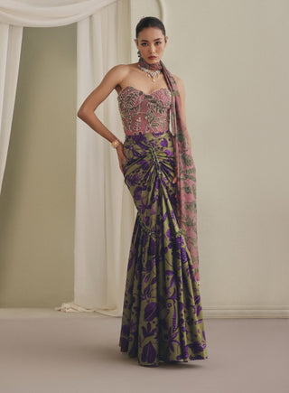 Gold-embroidered blush corset gown