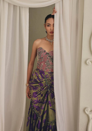 Gold-embroidered blush corset gown