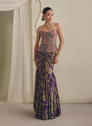 Gold-embroidered blush corset gown