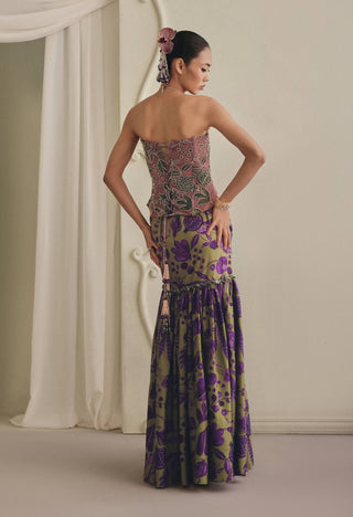 Gold-embroidered blush corset gown