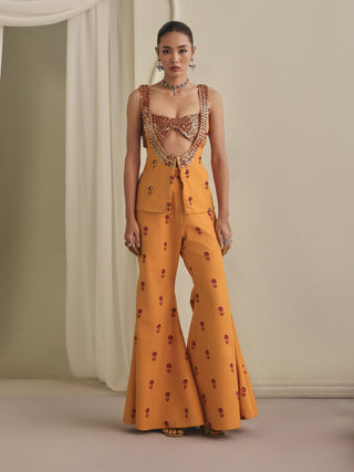 Mustard embellished bustier, bell-bottom pants and koti