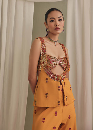Mustard embellished bustier, bell-bottom pants and koti