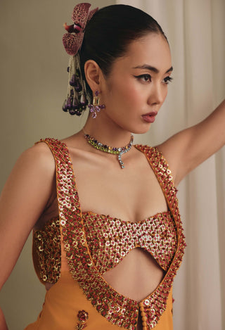 Mustard embellished bustier, bell-bottom pants and koti