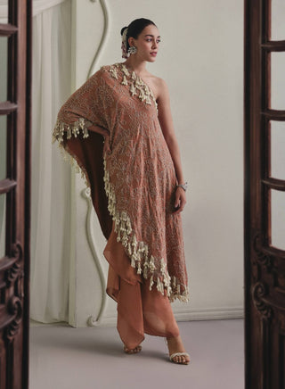 One-shoulder draped top and skirt set