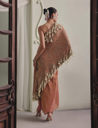 One-shoulder draped top and skirt set