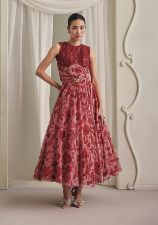 Red structured corset and printed skirt