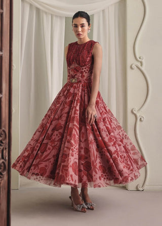 Red structured corset and printed skirt