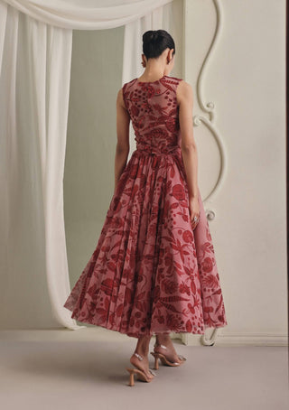 Red structured corset and printed skirt