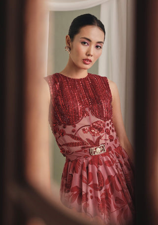 Red structured corset and printed skirt