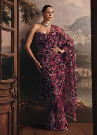 Maroon printed net sari and corset