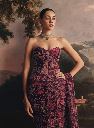 Maroon printed net sari and corset