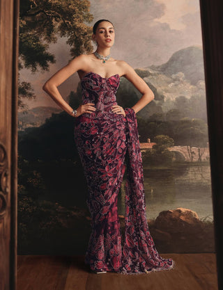 Maroon printed net sari and corset