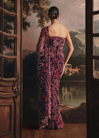 Maroon printed net sari and corset