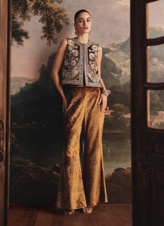 Embellished top and velvet flared pants