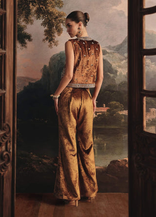 Embellished top and velvet flared pants