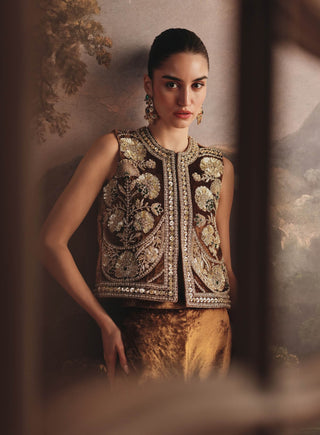 Embellished top and velvet flared pants