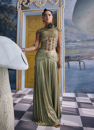 Moana kiwi green embellished corset with pleated skirt