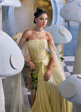 Belle light yellow embellished corset with drape skirt