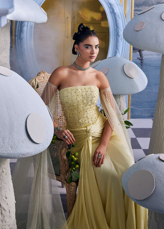Belle light yellow embellished corset with drape skirt