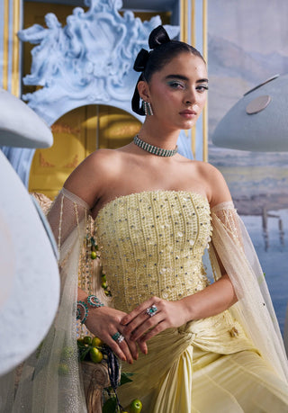 Belle light yellow embellished corset with drape skirt