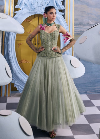 Bianca pistachio green embellished corset with flared skirt