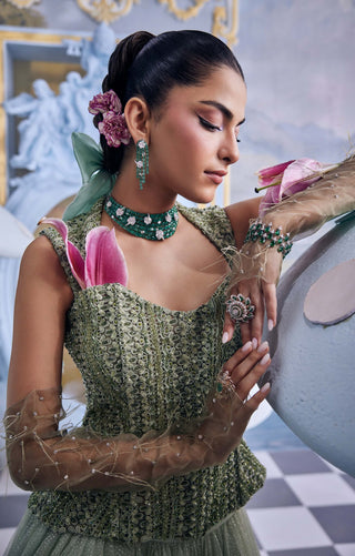 Bianca pistachio green embellished corset with flared skirt