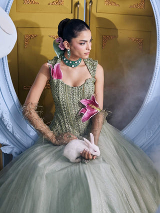 Bianca pistachio green embellished corset with flared skirt
