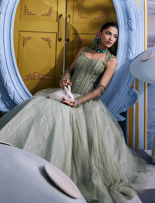 Bianca pistachio green embellished corset with flared skirt