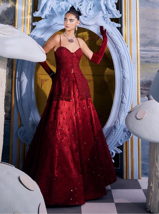 Merida red sangria embellished skirt with organza top