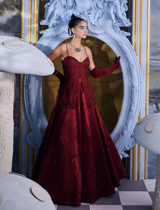 Merida red sangria embellished skirt with organza top